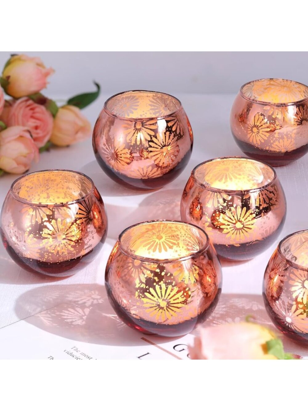Set of 12 Pink Mercury Glass Votive Candle Holders - Elegant Home Decor